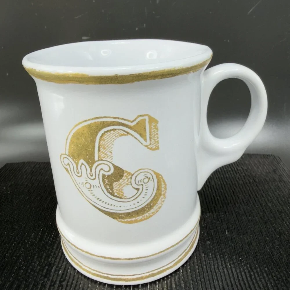 Williams Sonoma Brushed Gold Monogram Letter C Ceramic White Gold Coffee Mug Cup